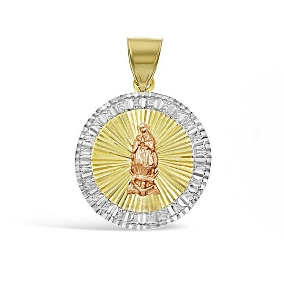 Real 14K Tri Color Gold Virgin Mary Round Pendant Religious Charm 1.1 inch - Picture 1 of 3